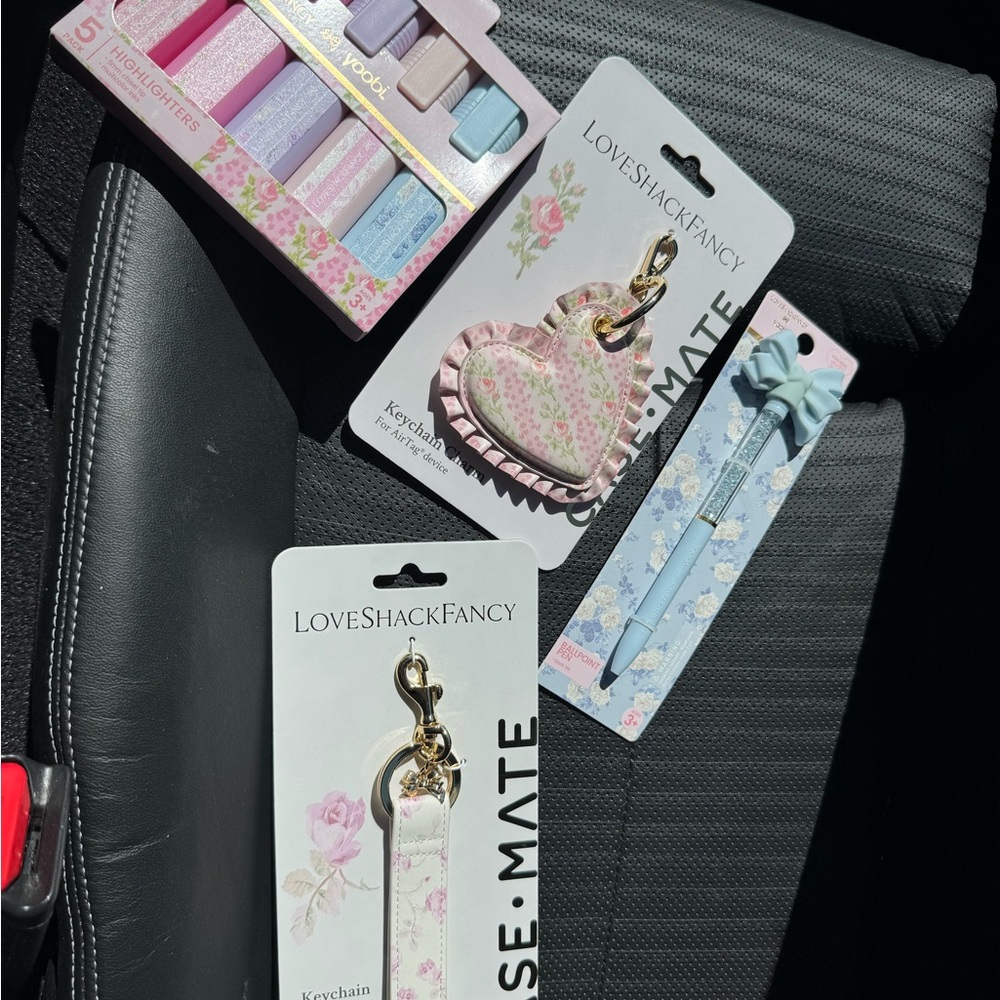 LoveShackFancy Target Colab Keychain, Air Tag bag charm, highlighters, and pen!